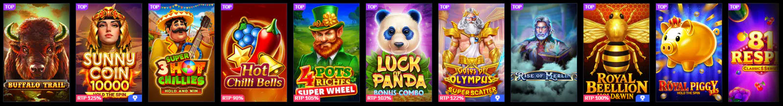 Beonbet Casino – Auswahl beliebter Spielautomaten mit Buffalo Trail, Sunny Coin, Super 3 Hot Chillies, Gates of Olympus und weiteren Top-Slots.