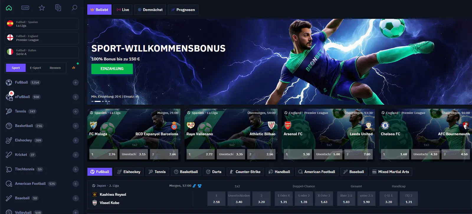 Beonbet Casino – Sportwettenbereich mit Fußball, Tennis, Basketball und E-Sport sowie Sport-Willkommensbonus von 100 % bis zu 150 €.
