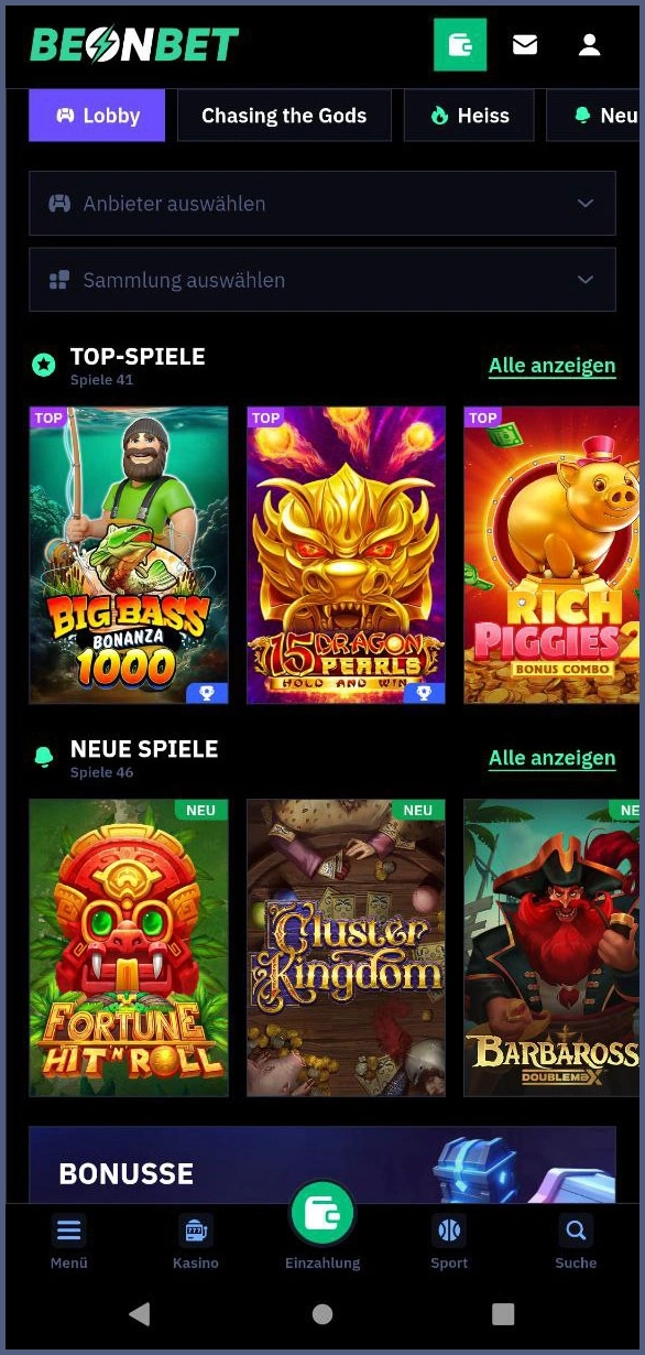 Alle verfügbaren Spielautomaten bei Beonbet aufgelistet