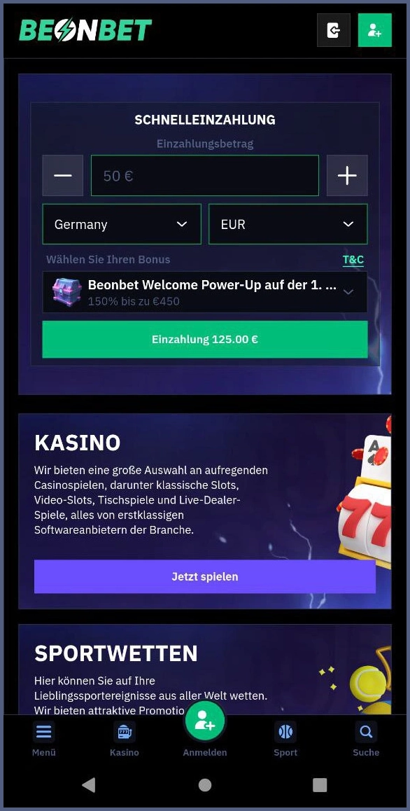 Überblick zur Hauptnavigation von Beonbet