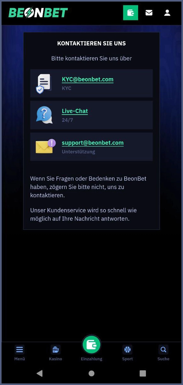 Kontaktmöglichkeiten & Supportinfos bei Beonbet